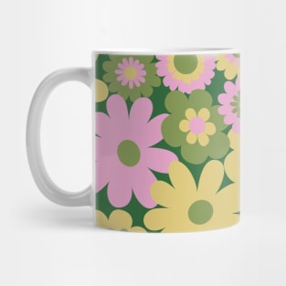 60s retro flower power, retro green, pink, mustard yellow, 60s groovy pattern, hippie flowers Mug